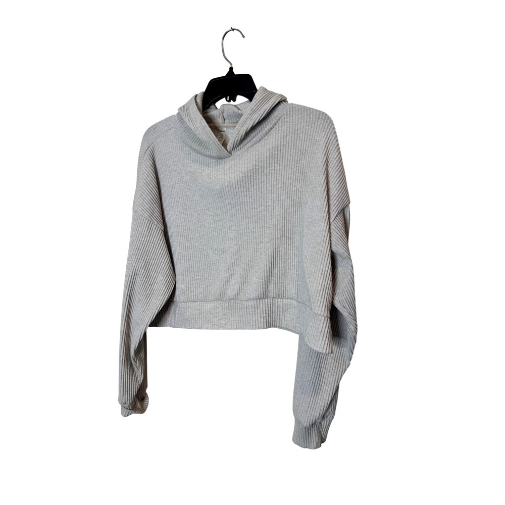 Alo Yoga Hoodie Womens Medium Gray Ribbed Knit V Neck Crop Pullover Lounge Top